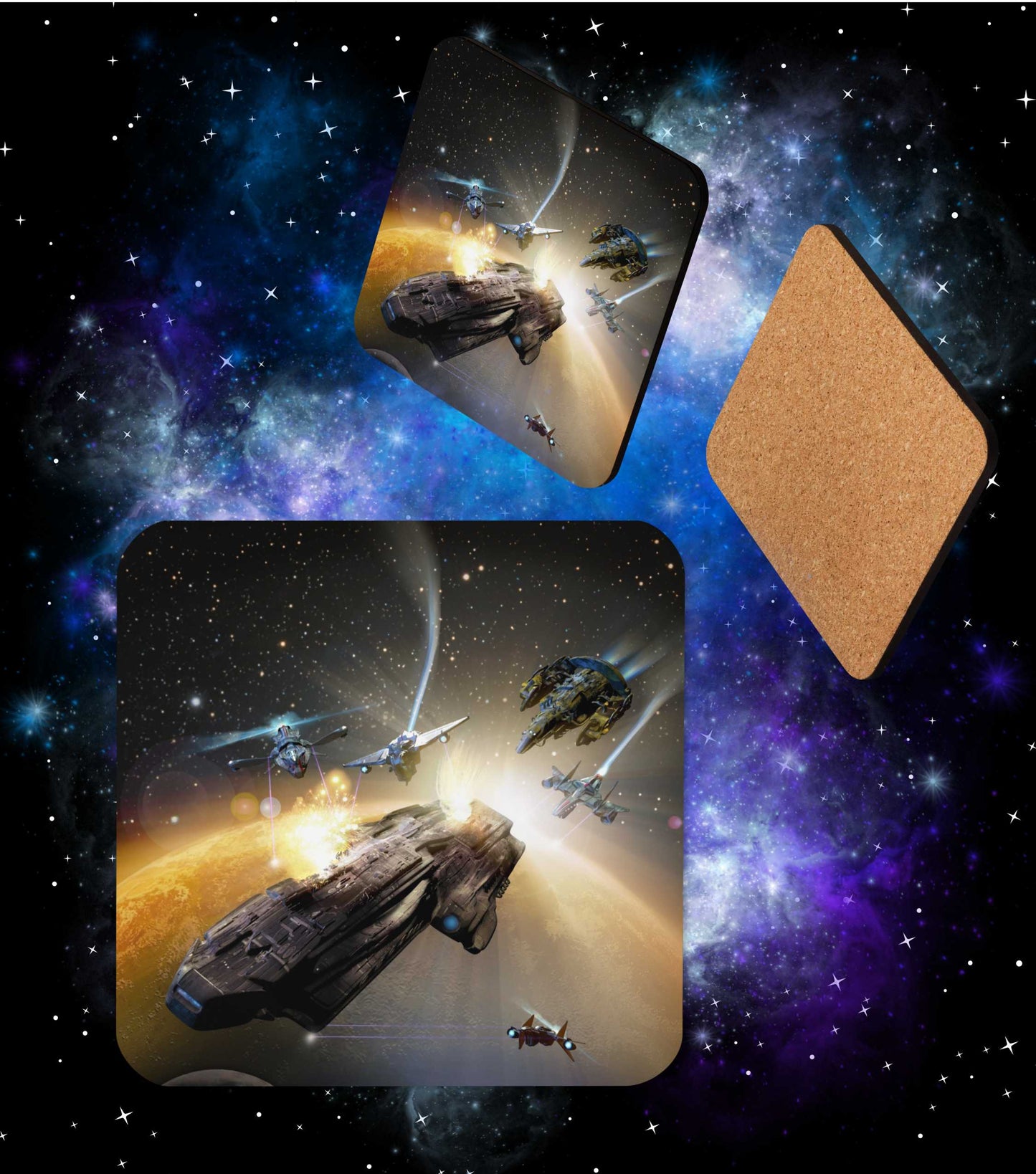 SPACESHIP BATTLE (Black Fire) Coaster (Cork-Backed) - The Diving Universe by Kristine Kathryn Rusch