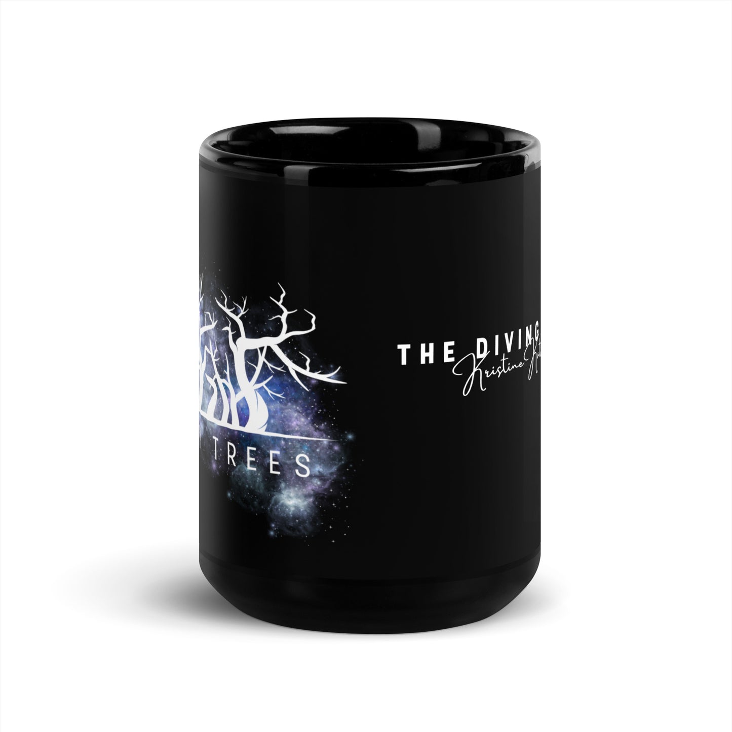 IVORY TREES NEBULA & Logo Black Glossy Mug - The Diving Universe by Kristine Kathryn Rusch