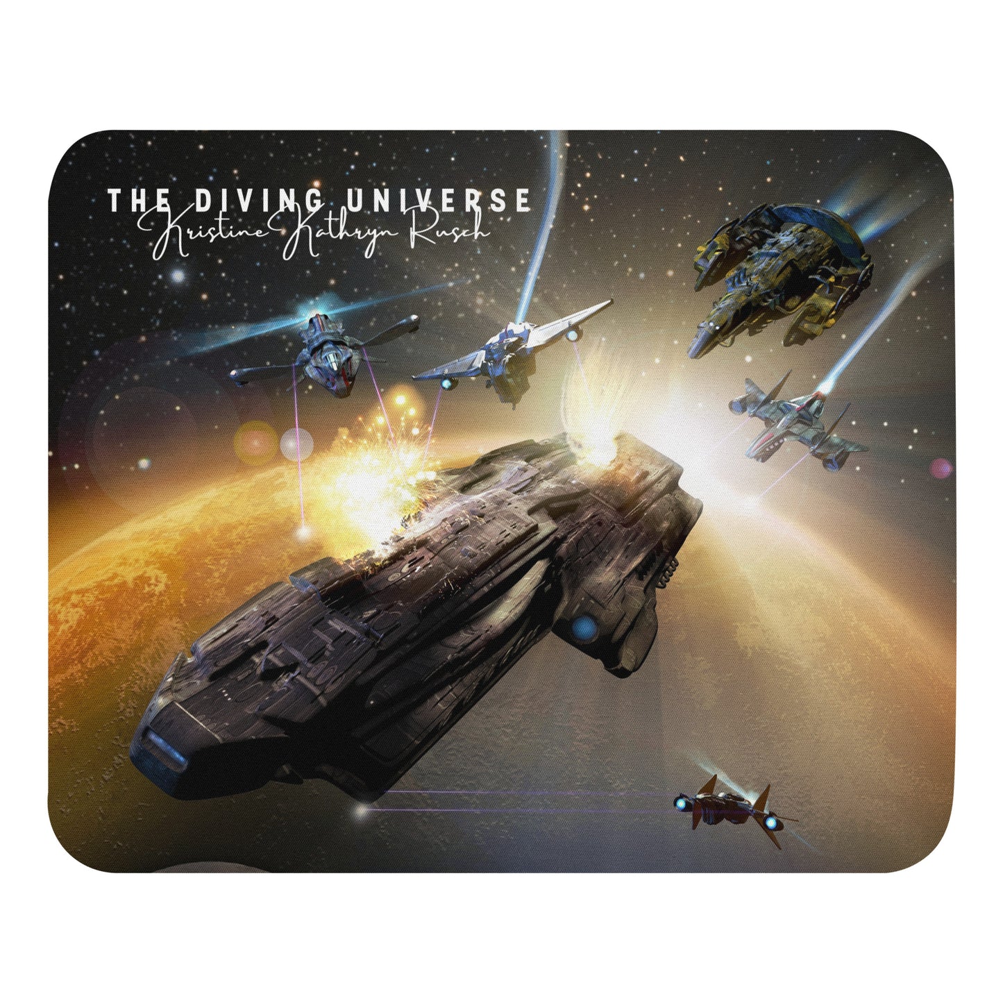 SPACESHIP BATTLE (Black Fire) Mouse Pad - The Diving Universe by Kristine Kathryn Rusch