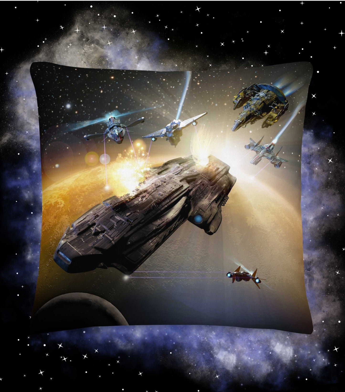 SPACESHIP BATTLE (Black Fire) Premium Pillow - The Diving Universe by Kristine Kathryn Rusch