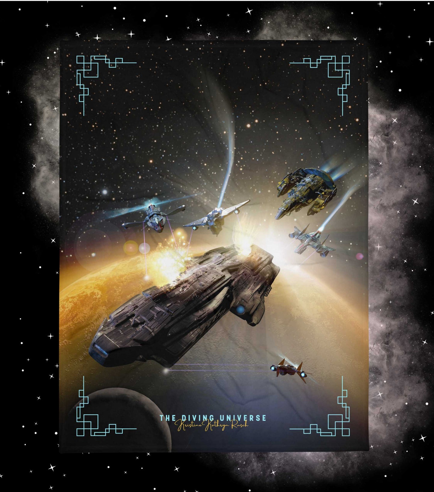 SPACESHIP BATTLE (Black Fire) Throw Blanket 60" x 80" - The Diving Universe by Kristine Kathryn Rusch