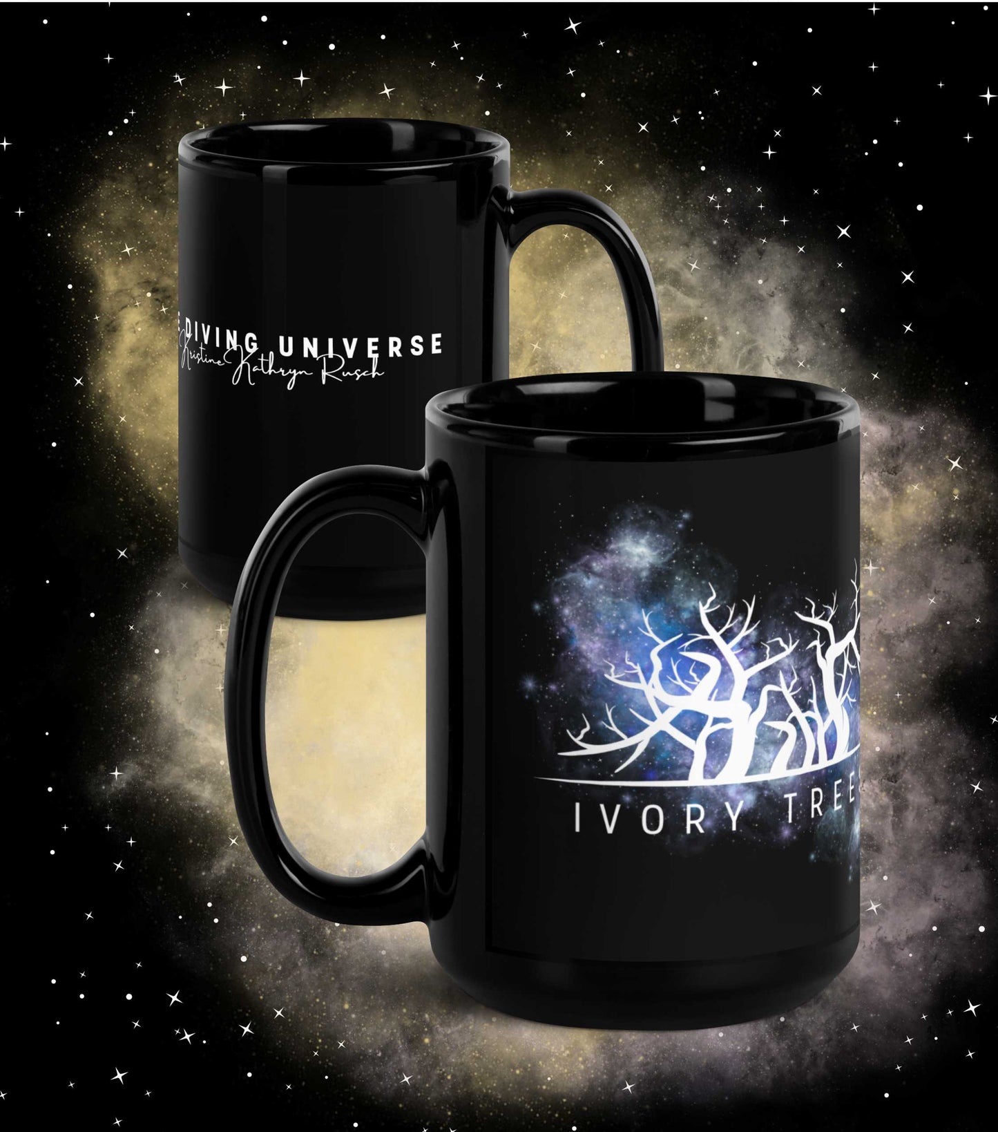 IVORY TREES NEBULA & Logo Black Glossy Mug - The Diving Universe by Kristine Kathryn Rusch
