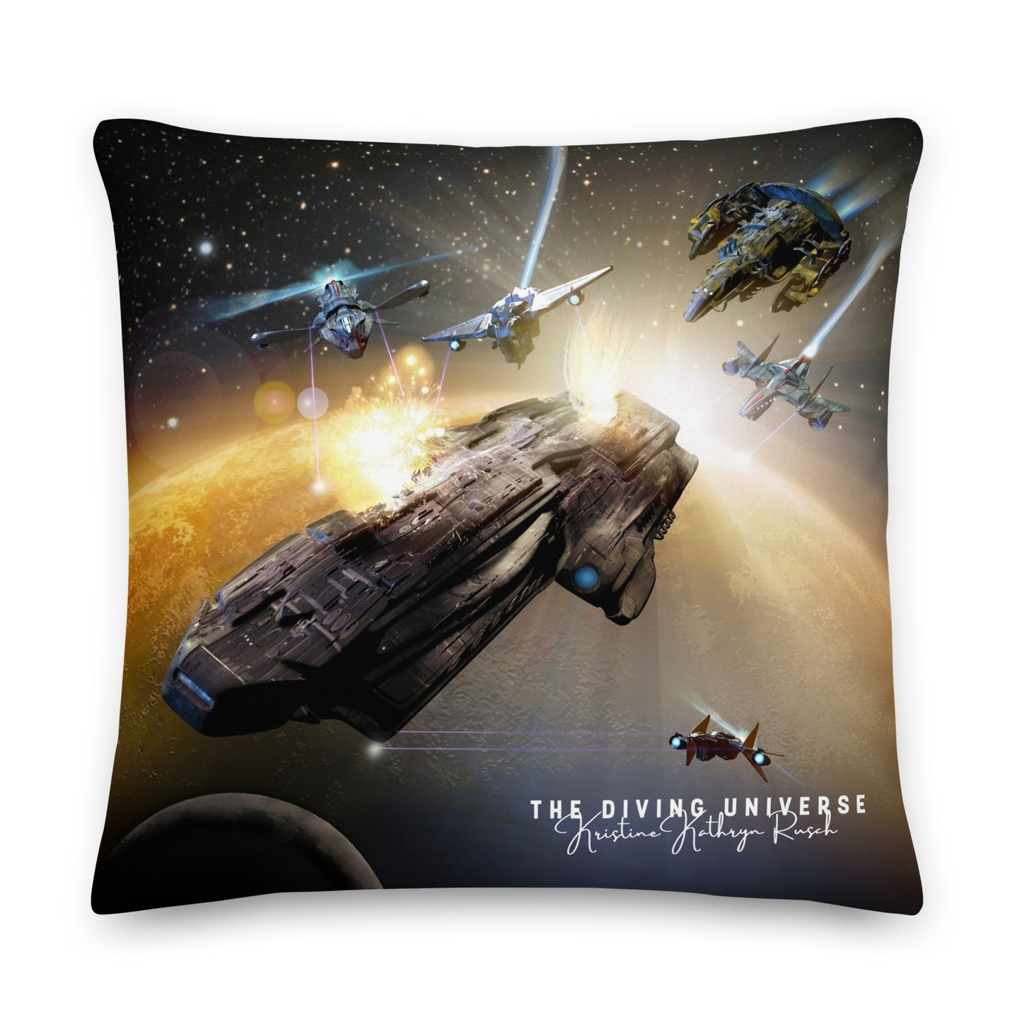 SPACESHIP BATTLE (Black Fire) Premium Pillow - The Diving Universe by Kristine Kathryn Rusch