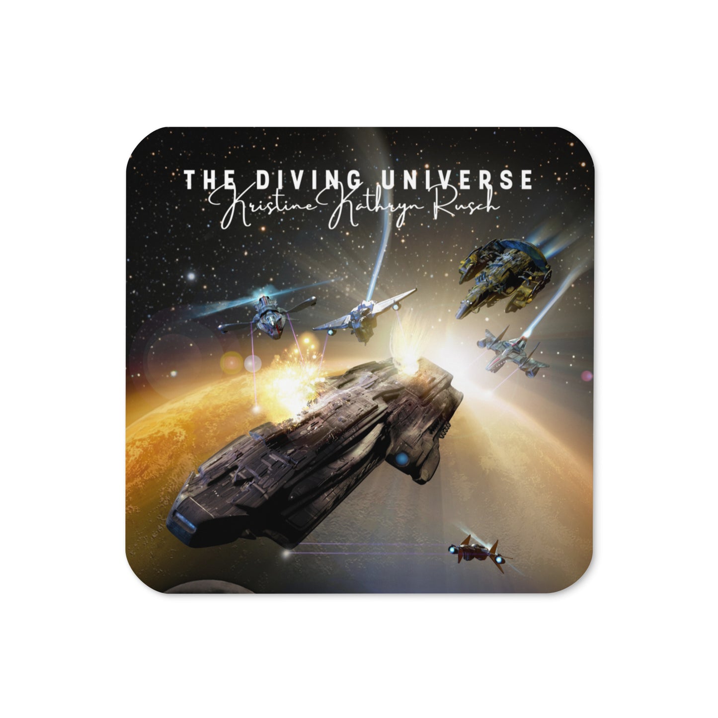 SPACESHIP BATTLE (Black Fire) Coaster (Cork-Backed) - The Diving Universe by Kristine Kathryn Rusch