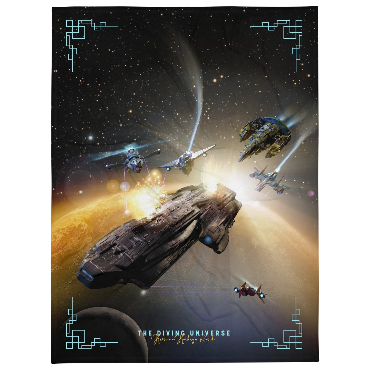 SPACESHIP BATTLE (Black Fire) Throw Blanket 60" x 80" - The Diving Universe by Kristine Kathryn Rusch